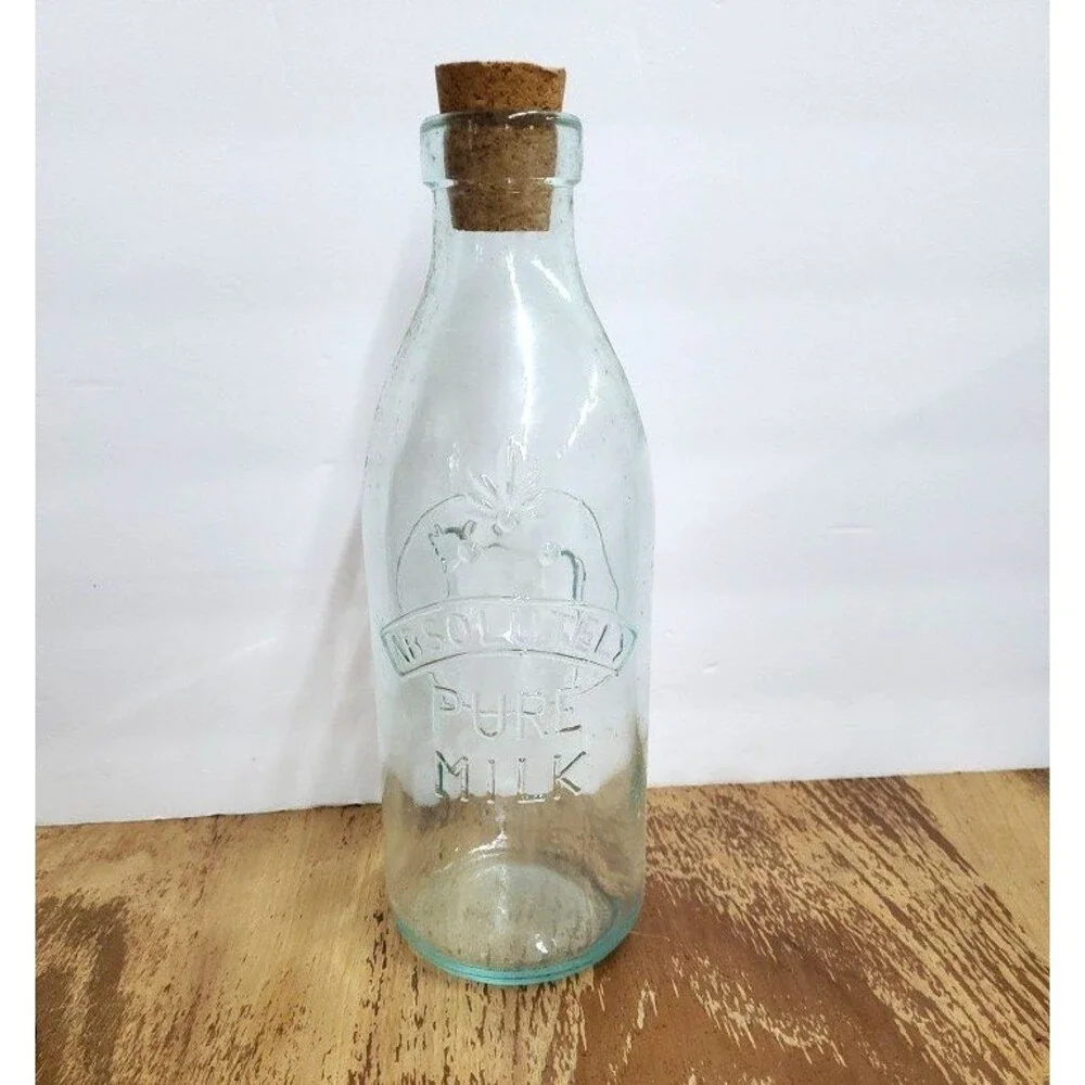 Vintage Absolutely Pure Milk Glass Bottle Embossed Cow Made in Italy Quart Cork
